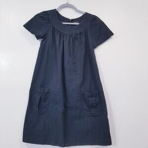A.P.C 100% Cotton Navy Blue Short Sleeves Dress Round Neckline Front Pockets